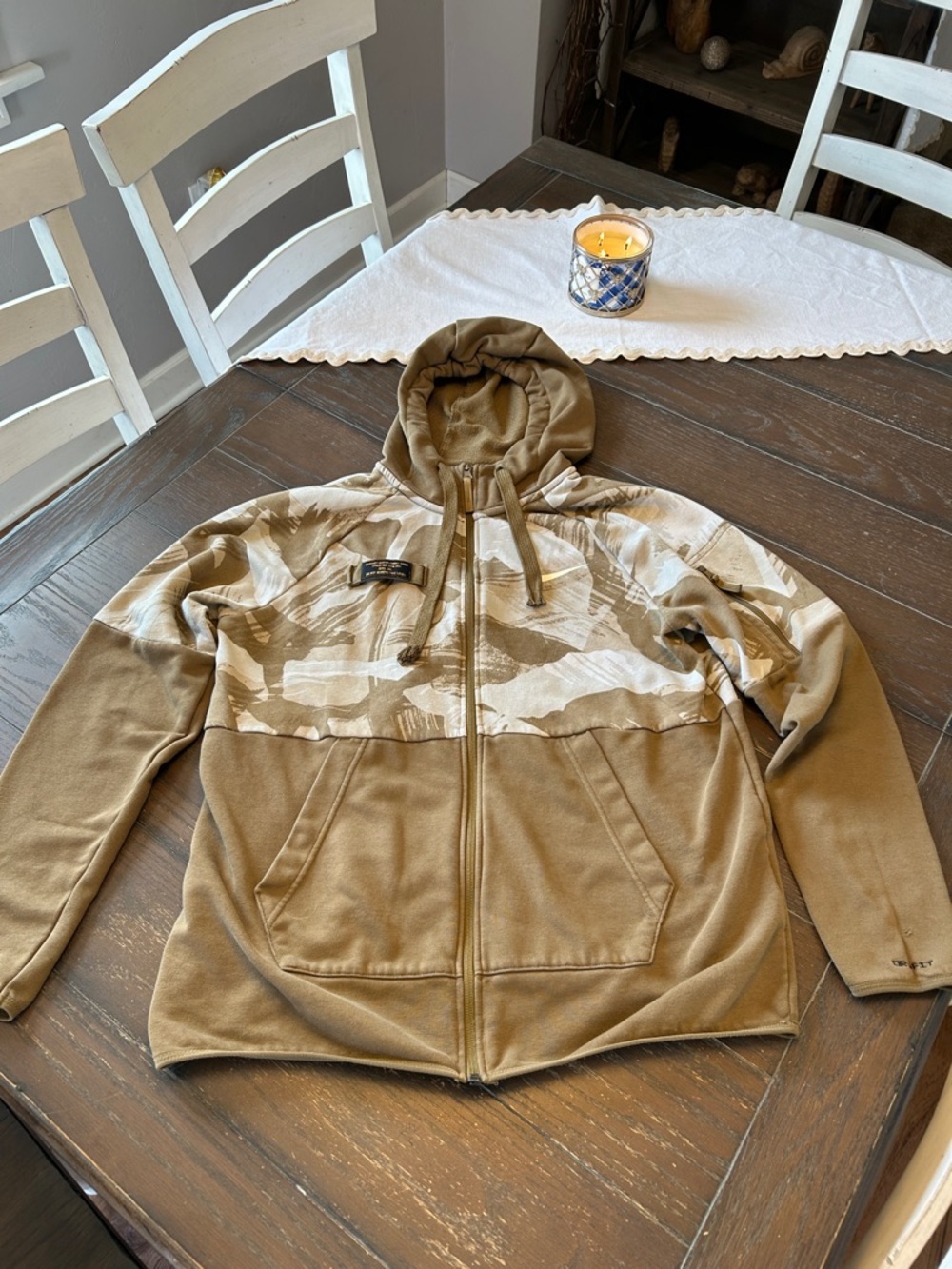 Nike Men’s Large Canvas-Tan Men's Zip Hoodie Jacket with Camo Chest